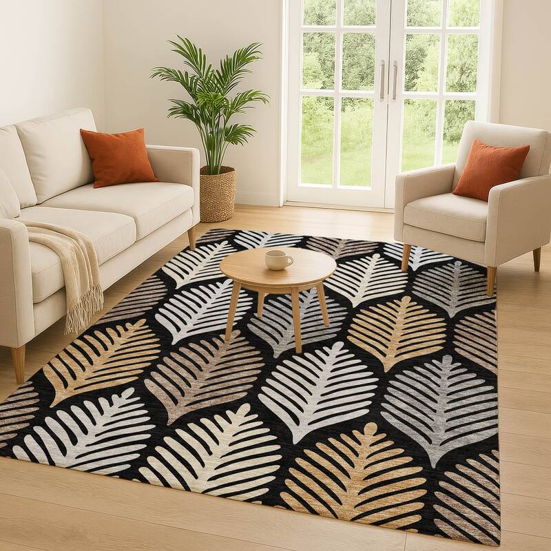 Machine Washable Indoor/ Outdoor Modern Fern Chantille Rug