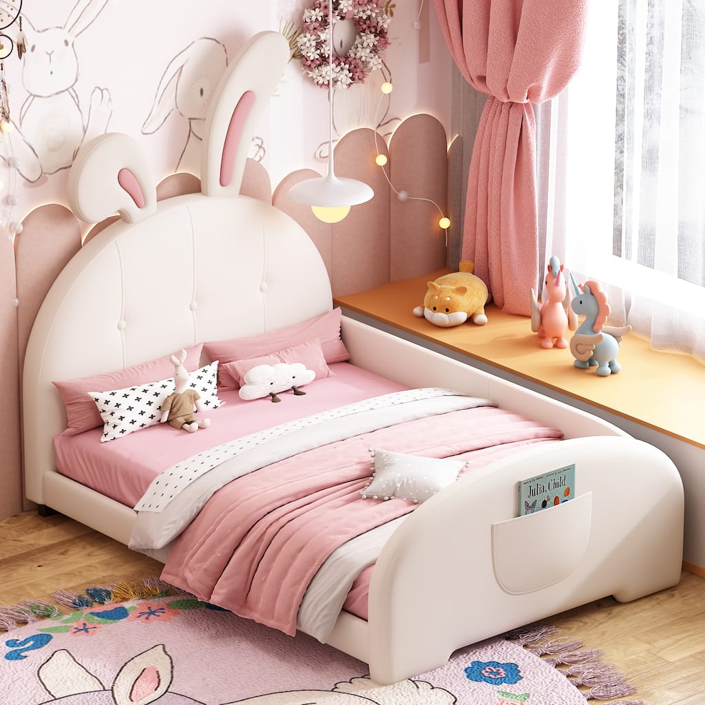 Twin Size Rabbit-Shaped Upholstered Princess Bed with Headboard and Footboard, White