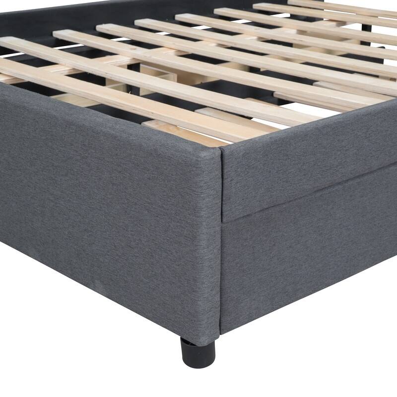 Full Size Upholstered Platform Bed with Brick Pattern Headboard, with Twin Size Trundle and 2 Drawers, Linen Fabric