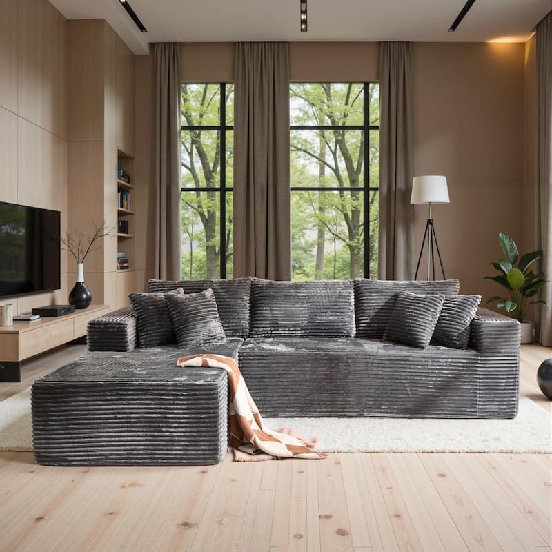 HOOOWOOO Modular Plush Upholstery L-shaped Sofa with Chaise Lounge - Grey-Left Chaise