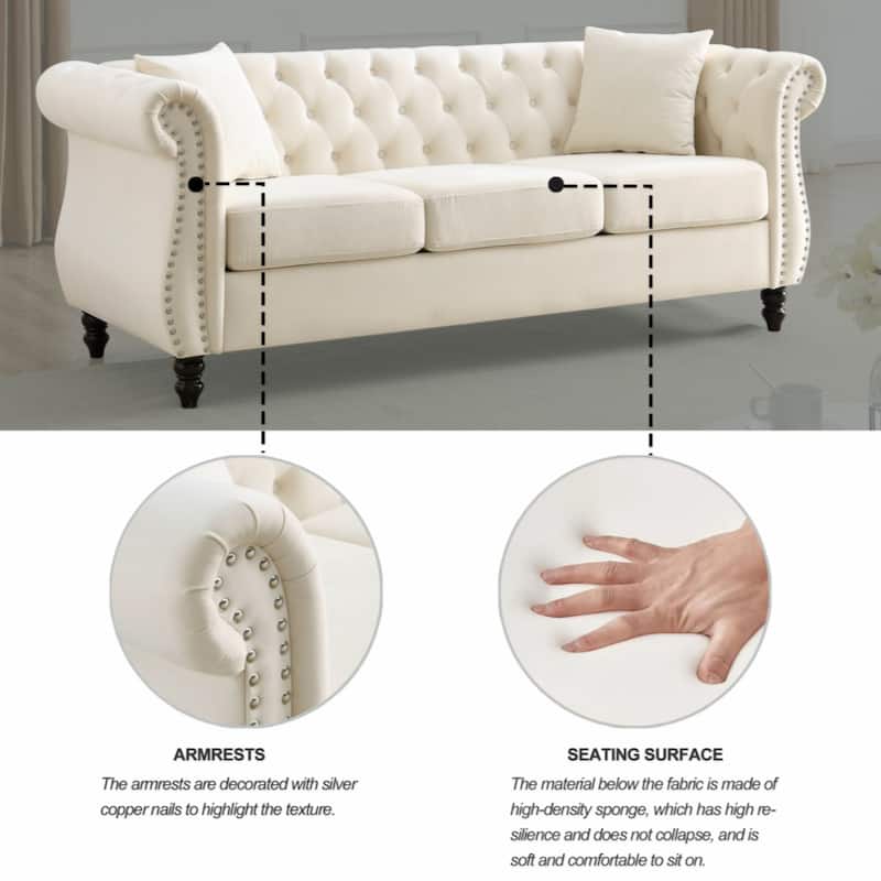 80" Chesterfield Sofa Grey Velvet for Living Room, 3 Seater Sofa Tufted Couch with Rolled Arms and Nailhead