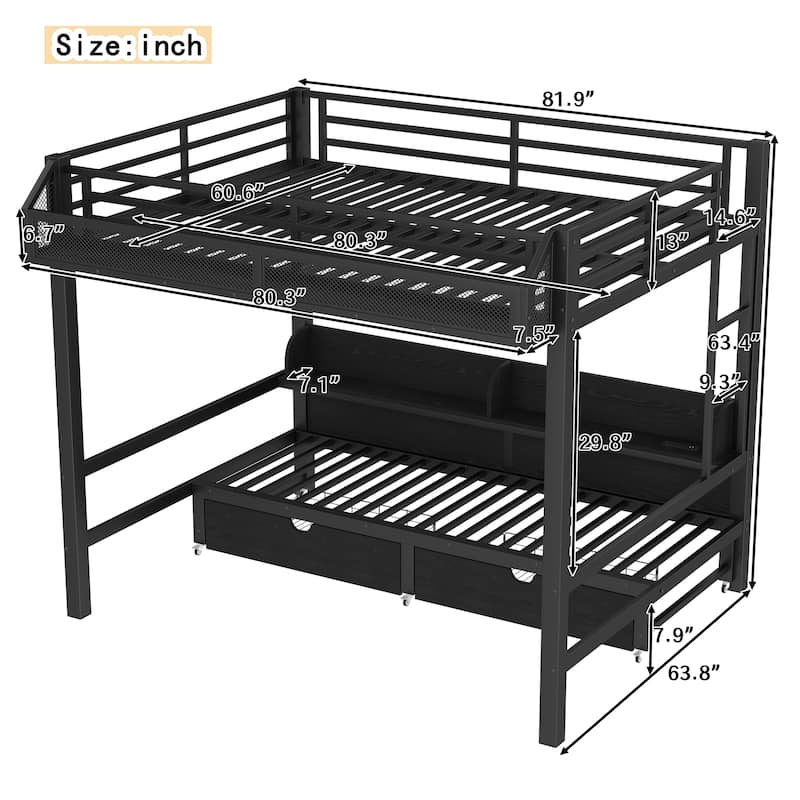 Queen over Queen Bunk Bed Frame with USB Ports, LED Lights, Net Storage Shelves and Drawers, Lower Bed Converted into Sofa