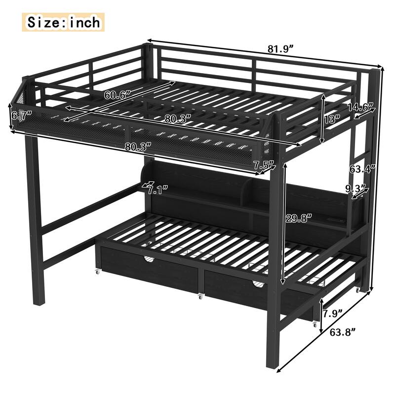 Queen over Queen Bunk Bed with Storage Shelves and Drawers,Multifunctional Metal Bunk Beds with USB Ports and LED,Black