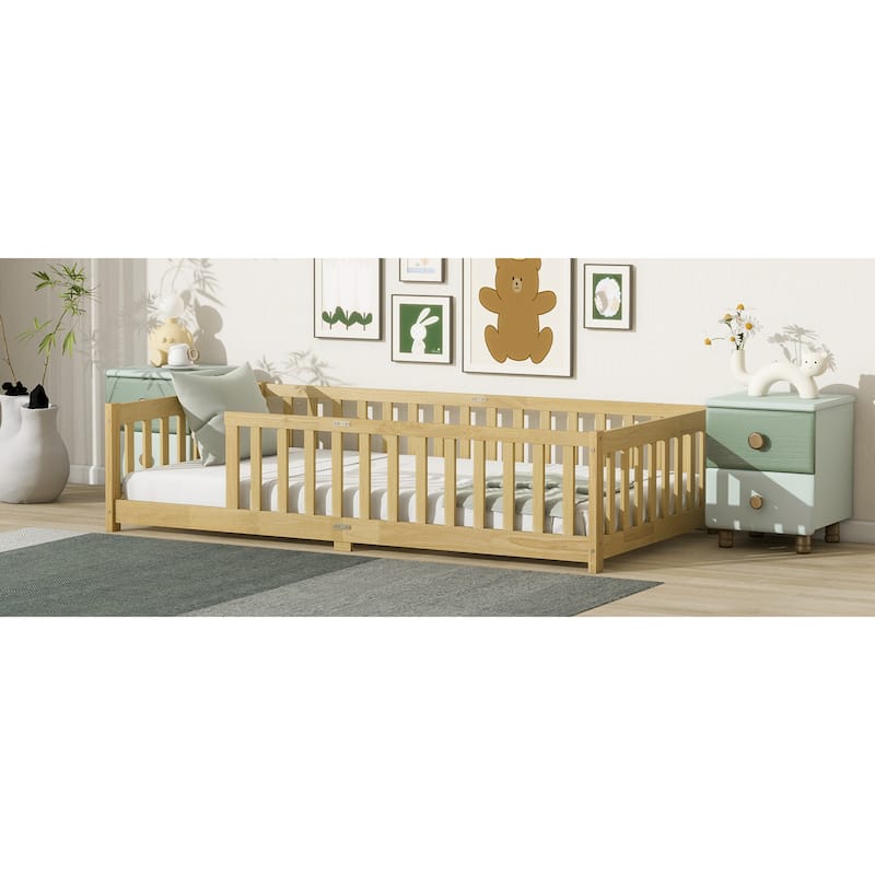 Roomfitters Twin/Full Floor Bed with Surround Fence, Rubber Wood Platform with Guardrails and Slats, Natural