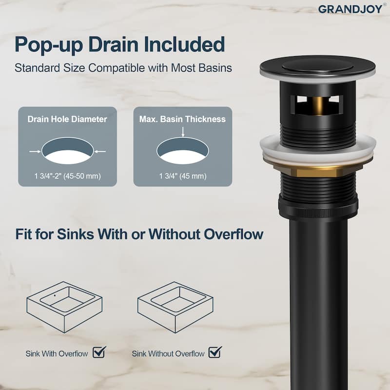 GRANDJOY Low-Arc Single Handle Vessel Sink Faucet with Pop-Up Drain, Compact Bathroom Design