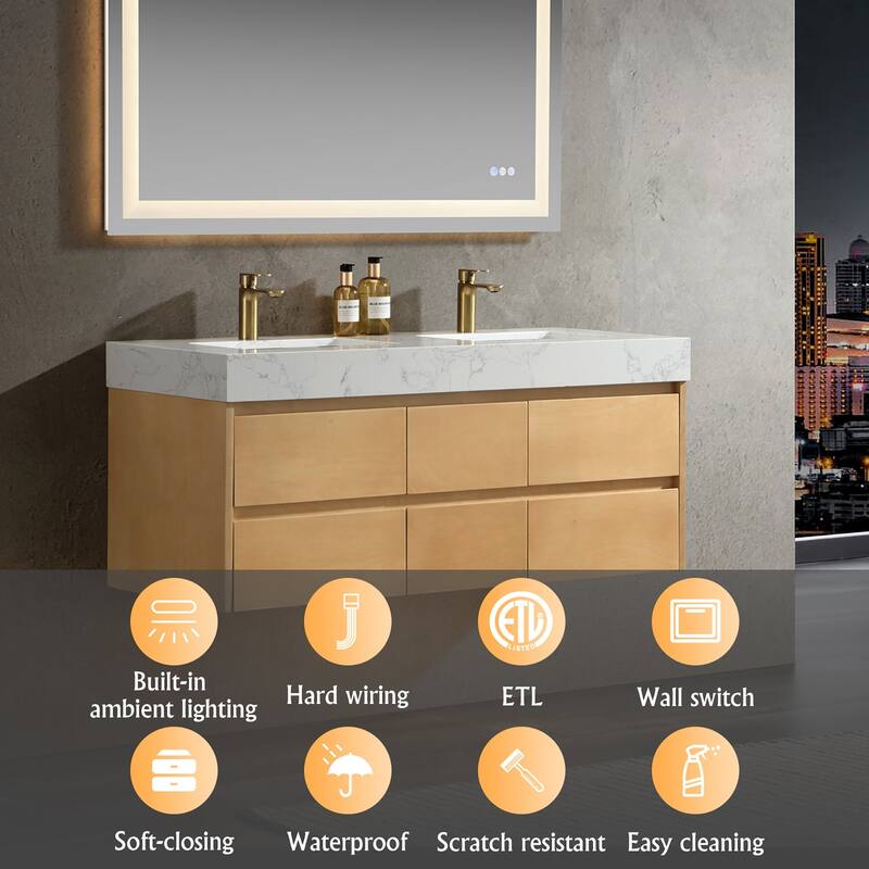 48 in./ 60 in. Solid Wood Wall-Mounted Bathroom Vanity Set in Maple with Engineered Stone Top and Ceramic Sink