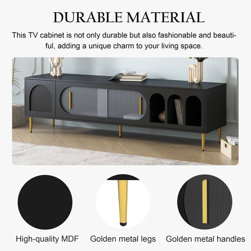 Modern TV Stand with Arched Shelves, Sliding Acrylic Door, Golden Metal Handles, and Ample Storage, Fits TVs up to 70 Inches.