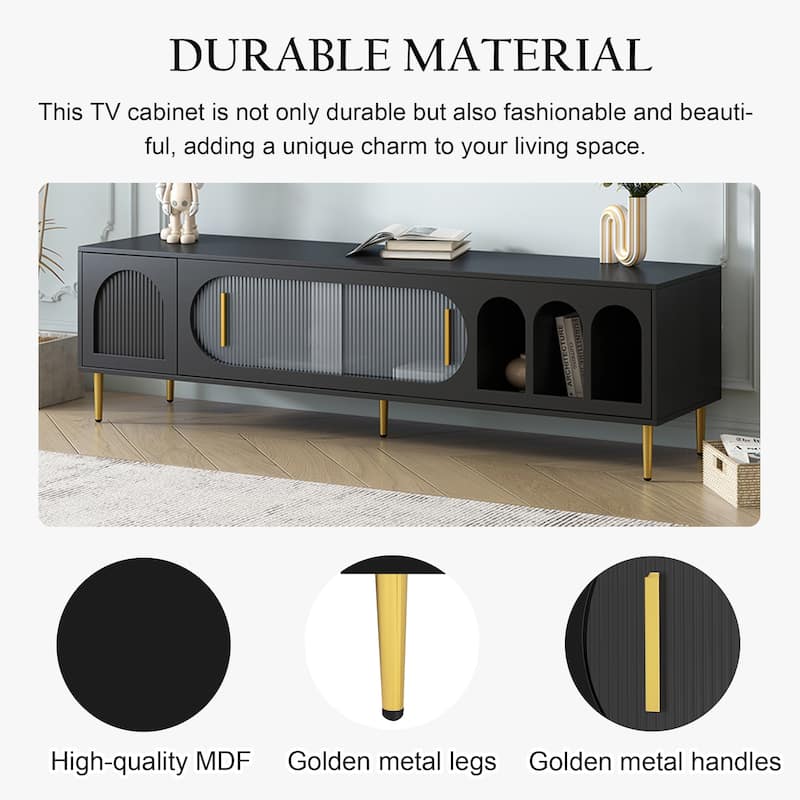 Stylish TV Console for 70" TV, 3 Shelves, 2 Cabinets, Sliding Acrylic Doors, Modern Living Room Furniture