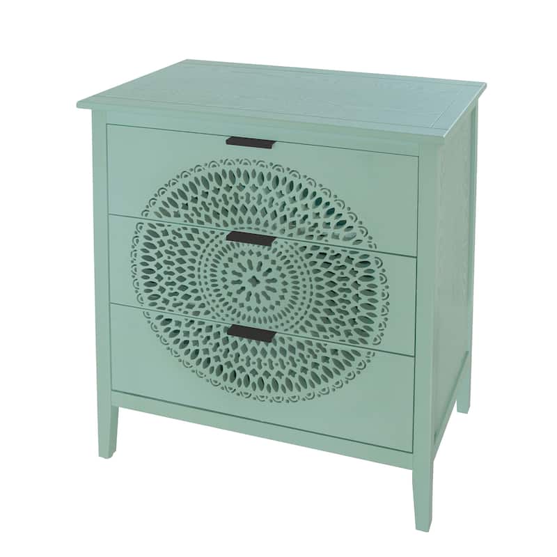 Roomfitters 3 Drawer Storage Cabinet, Hollow Carved Accent Dresser with Metal Handles, Green