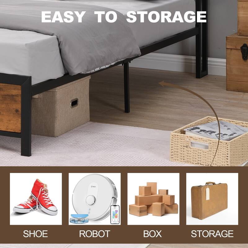 Modern Industrial Noise Free Platform Bed Frame with 2 USB Ports, LED
