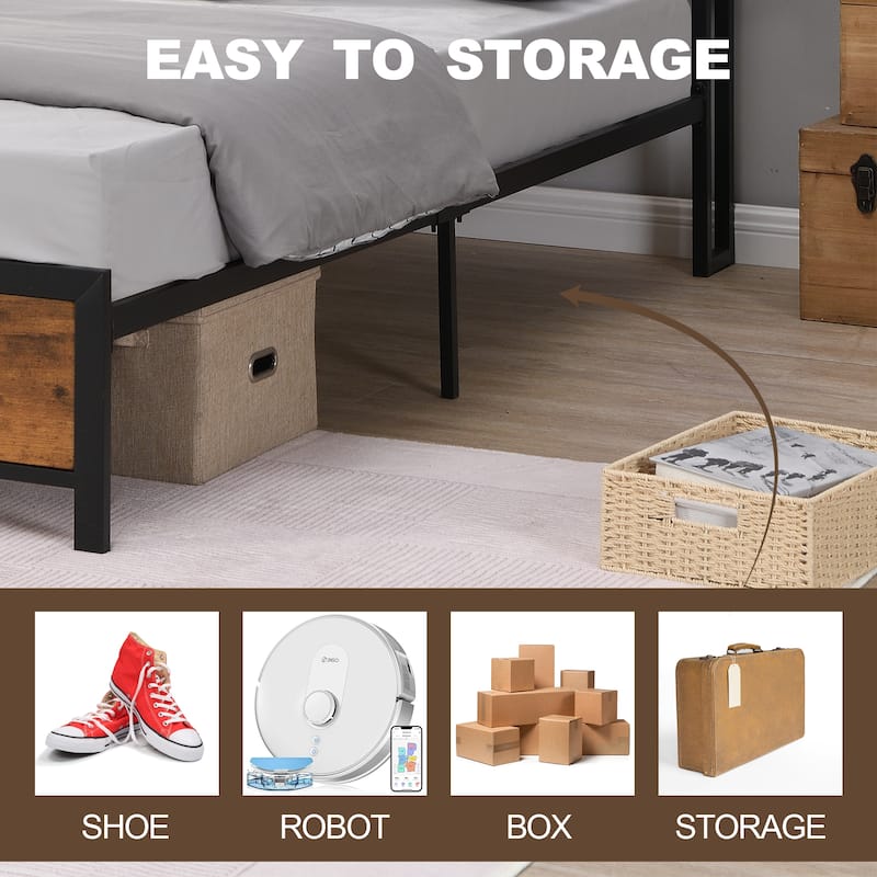 Noise Free Metal/Wood Platform Bed Frame with 2 USB Ports, Modern Industrial LED Lights Headboard Bed Frame with Shelf