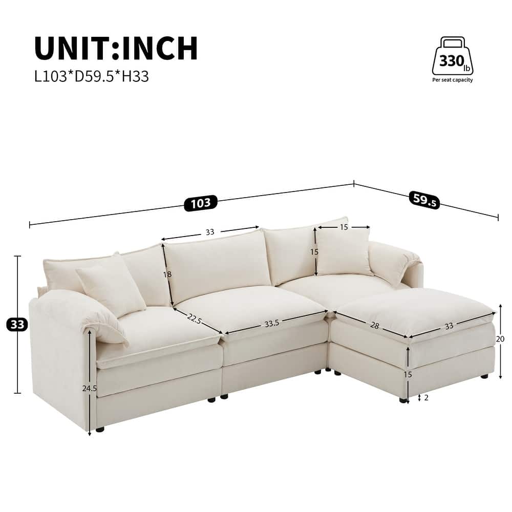 Chenille Modular Sectional Sofa, L Shaped Upholstered Cloud Couch Set, Oversized 4 Seat Sofa with Movable Ottoman