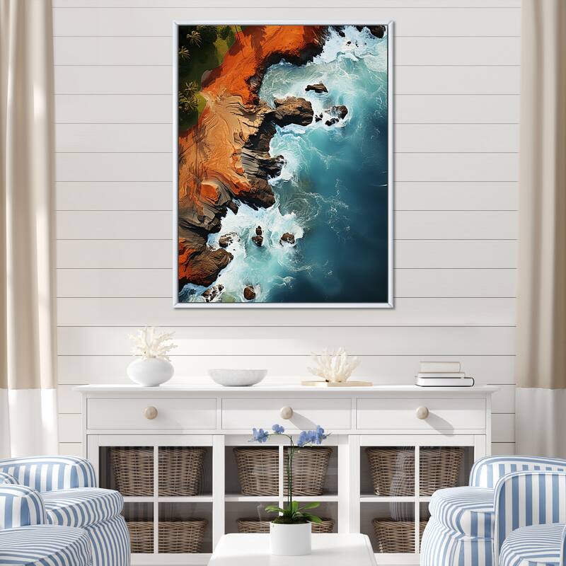 Designart "Rocky Beach Aerial View I" Coastal Beach White Wall Decor - Coastal Hallway Framed Wall Art Decor - 30 in. wide x 40 in. high - White