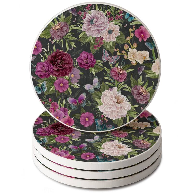 Midnight Garden 4 Pack Round Absorbent Stone Coasters with Protective Cork Backing Manufactured in The USA - Multi-Color