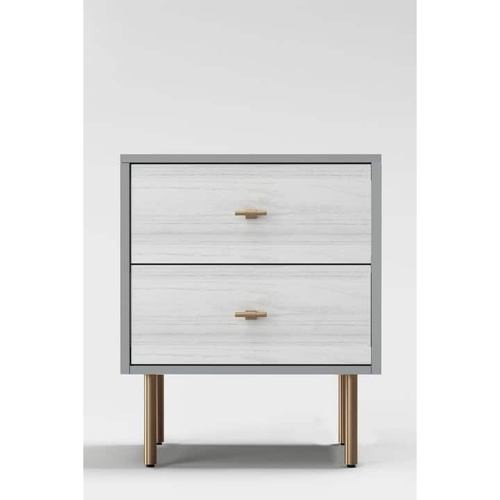 Origins by Alpine Saige Wood 2 Drawer Nightstand,Weathered White-Gray