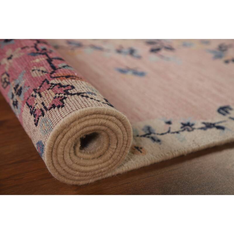 Pink Floral Oushak Vegetable Dye Runner Rug Hand-knotted Wool Carpet - 3'5"x 11'7"