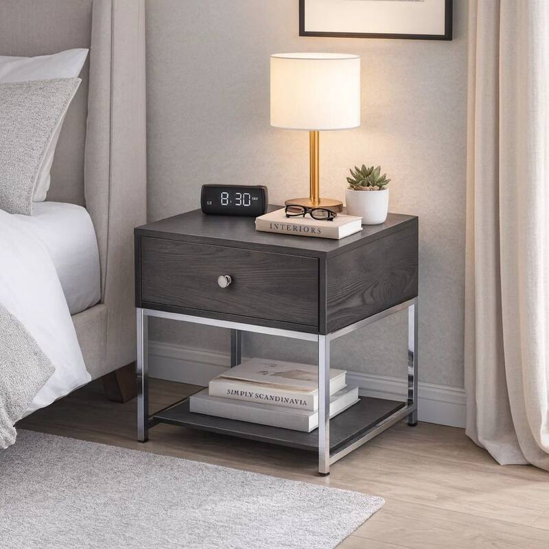 Wooden End Table with Tubular Metal Base and Spacious Drawer, Gray and Silver