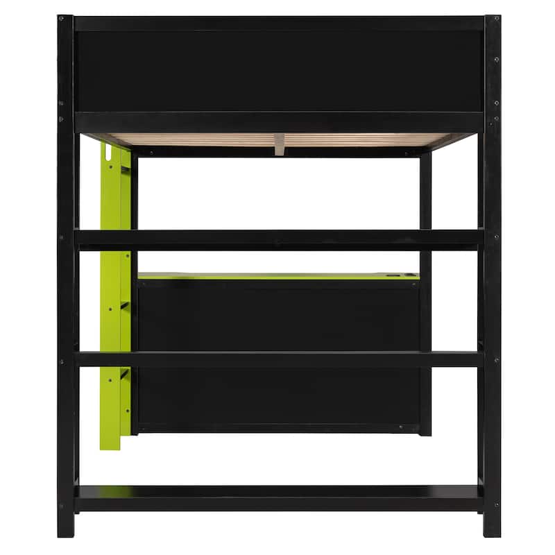 Full Size Gaming Loft Bed Station with Desk, Storage Shelves & RGB LED Lights