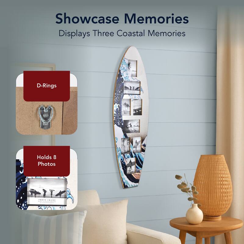 American Art Decor Surfboard Photo Collage Wall Decor - 8 or 3 - Photo Beach Frame