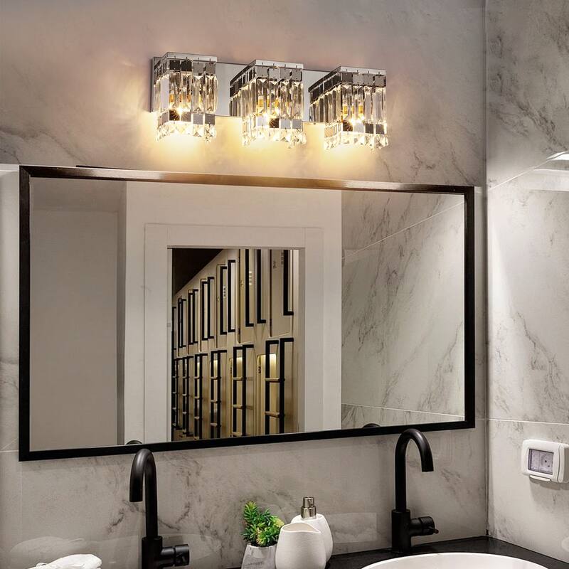 3-Light Modern Glam Chrome Finish Rectangle Crystal Bathroom Vanity Lights - 19.7 in. W x 5.1 in. D x 7.1 in. H