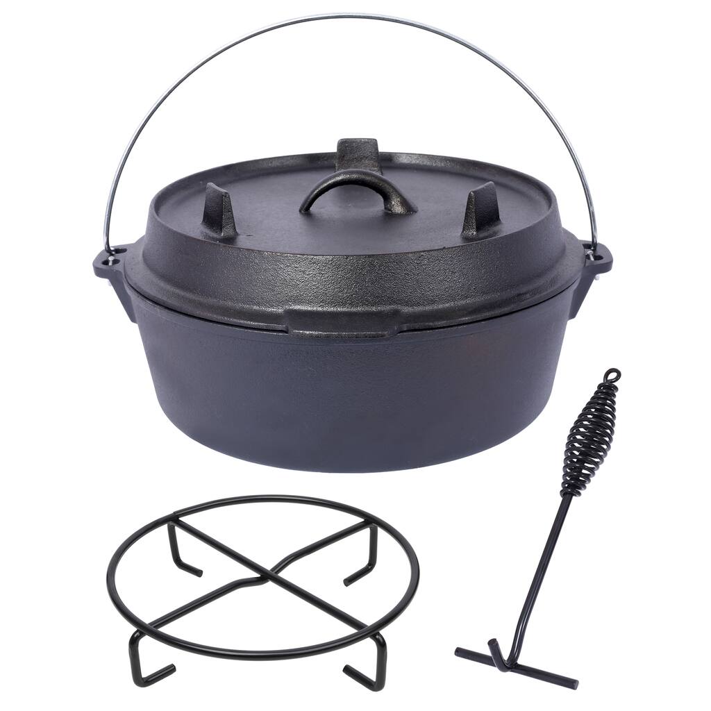 Anmytek Heavy Duty Pre-Seasoned Cast Iron Dutch Oven with Lid Lifter for Campfire, Stove, BBQ, Baking, Braising,Slow Cooking