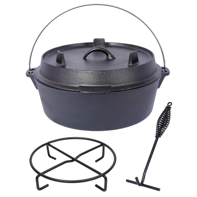 Anmytek Heavy Duty Pre-Seasoned Cast Iron Dutch Oven with Lid Lifter for Campfire, Stove, BBQ, Baking, Braising,Slow Cooking - Black - Cast Iron