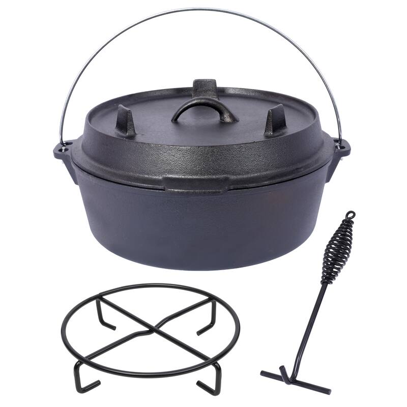 Outdoor Camping Deep Pot and Skillet Lid with Iron Pot Rack and Lid Lifter, Pre-Seasoned Cast Iron Dutch Oven - Black+6 Quart