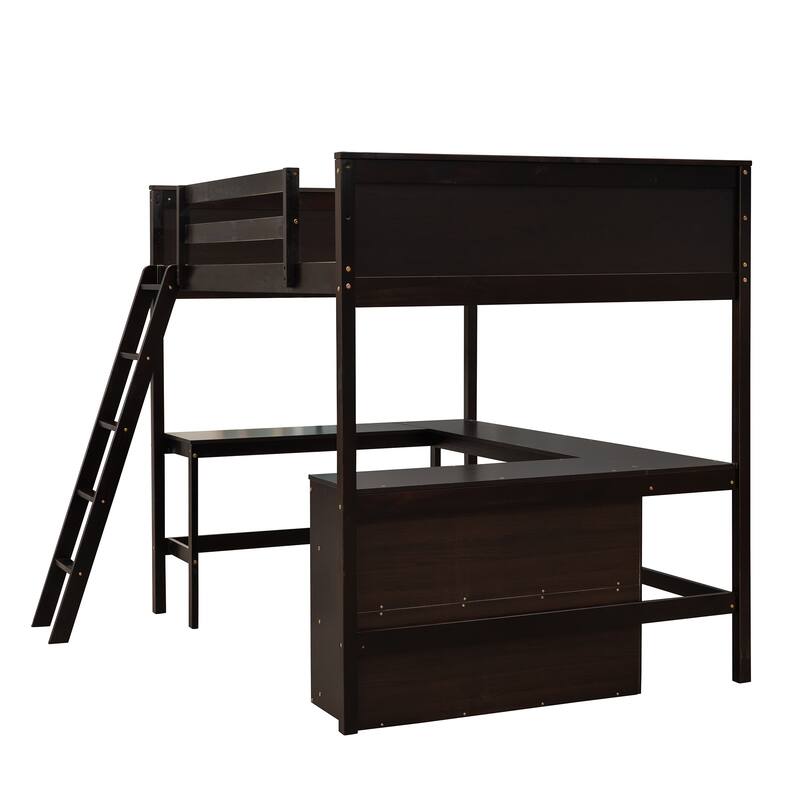 Space-Saving Full Size Loft Bed with Shelves and Desk in Espresso Finish