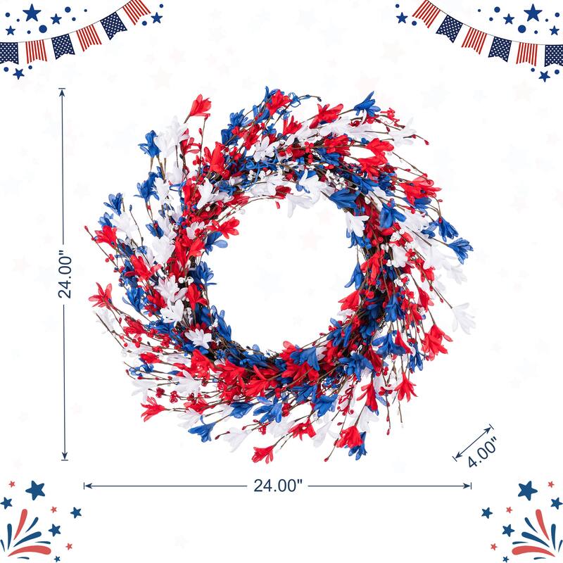 Glitzhome Patriotic/ Americana Red White Blue Floral Wreath or Stars Berry Garland