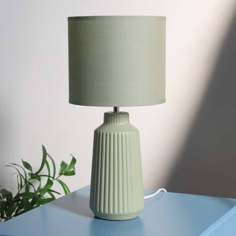 Textured Ceramic Table Lamp with Fabric Drum Shade Modern Faceted Base Compact Accent Lighting Multiple Colors