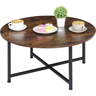 Modern Round Industrial Coffee Table with Rustic Brown Wood Top - 31.5"L x 31.5"W x 15.9"H