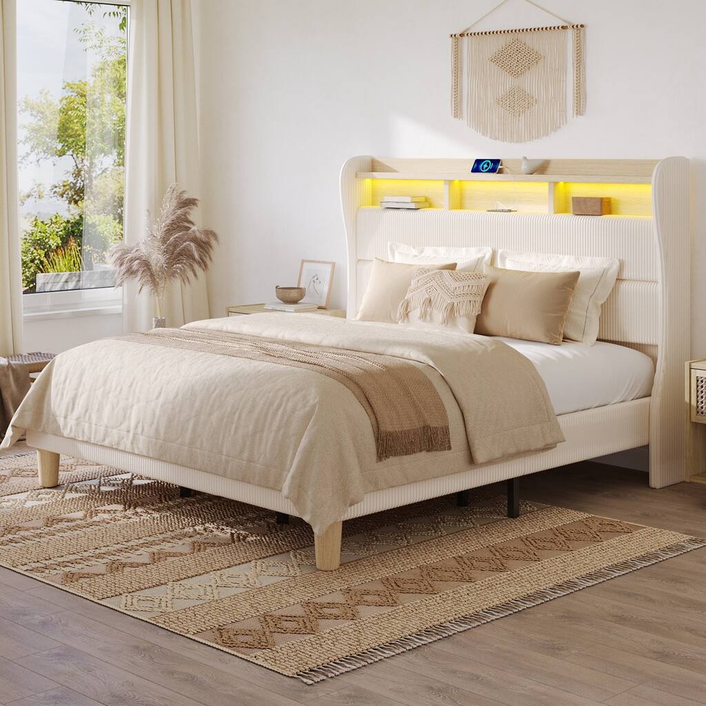 Bestier King Size Platform Bed Frame with Charging Station and Headboard,Upholstered Bed Frame with 2 USB Ports and Outlets