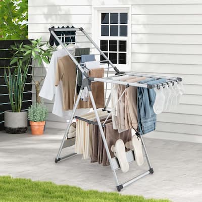 2-Layer Space-saving Aluminum Drying Rack Collapsible Clothes Rack