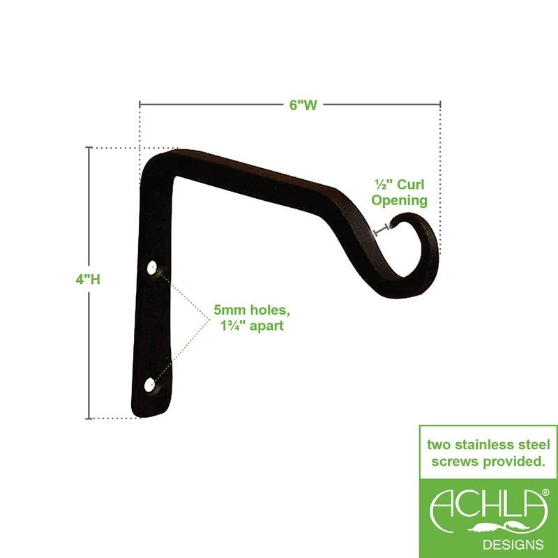 Achla Designs Set of 2 Straight Up Curled Wall Bracket Hooks, 6 Inch Long, Black Powder Coat Finish