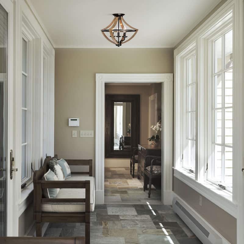 Melisa Faux Wood Grain and Antique Black Metal Semi Flush Mount