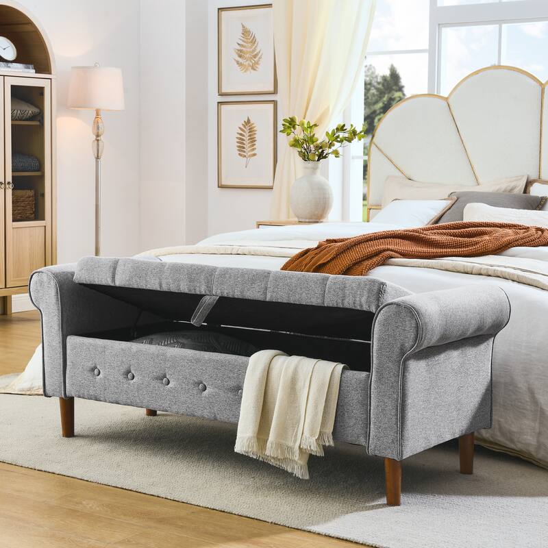 62" Bedroom Tufted Button Storage Bench, Modern Fabric Upholstered Ottoman,Window Bench,Rolled Arm Design for Bedroom