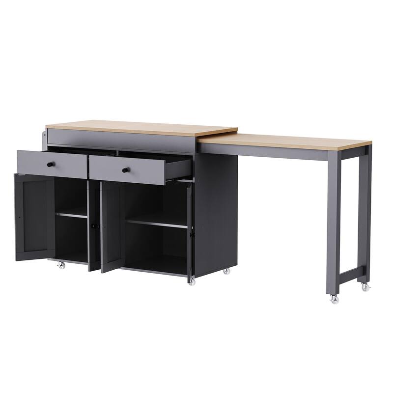 4 Door Kitchen Island Cart with Extendable Dining Table, Rolling Kitchen Island on Wheels with Spice Rack and 2 Drawers