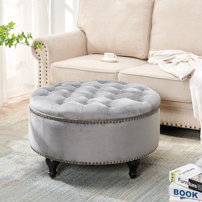 SIDA 30" Tufted Round Storage Ottoman, Velvet ,Silver Grey