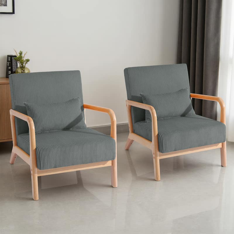 Set of 2 Mid-Century Upholstered Accent Chair with Cushion - Corduroy - Gray/Natural frame