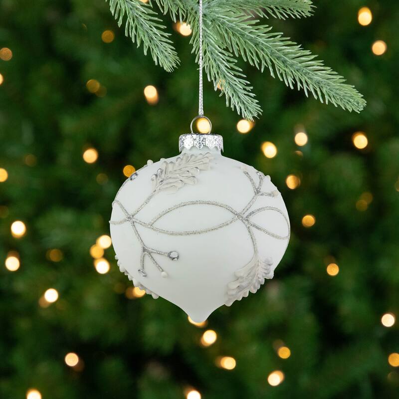 White and Silver Leaves Glass Onion Christmas Ornament - 3.5"