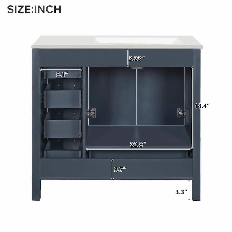 36" White Bathroom Vanity with Ceramic Sink Combo, Ample Storage Cabinet - 2 Soft-Close Doors and 5 Drawers