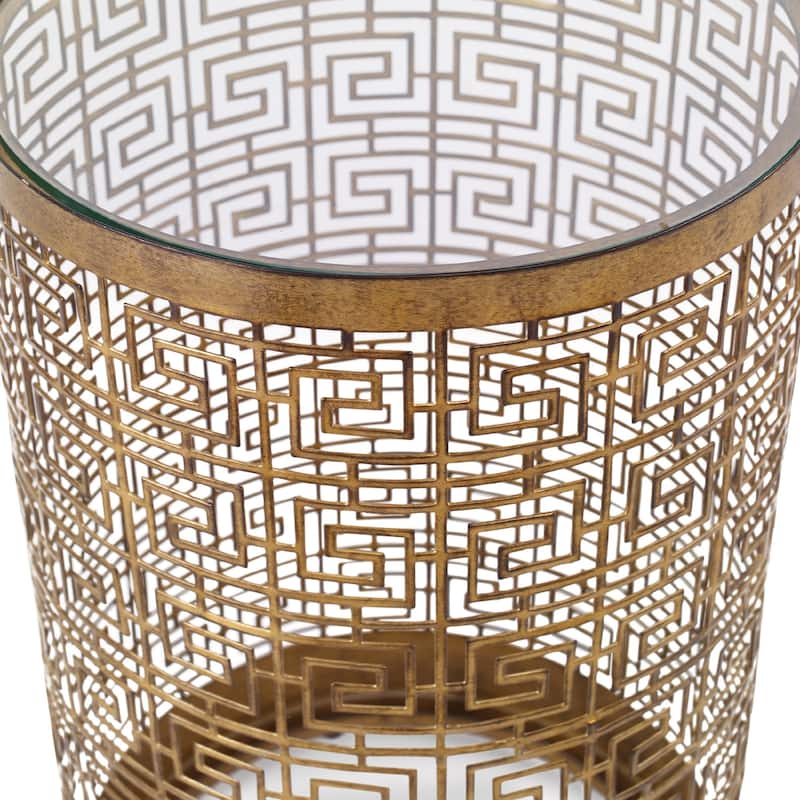 24" gold greek inspired geometric accent table with a mirrored top