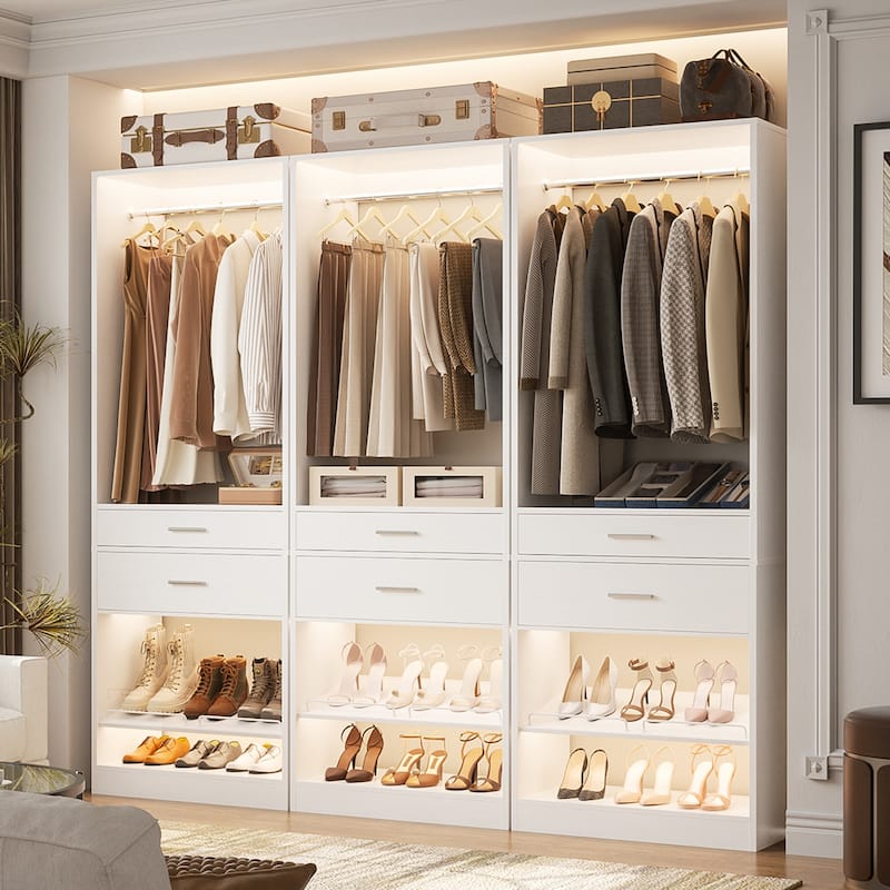 25'' W Freestanding Closet System with 2 Wooden Drawers and Adjustable Shoes Rack and Hanging Rod,Walk-in Closet Organizer - White - Set of 3