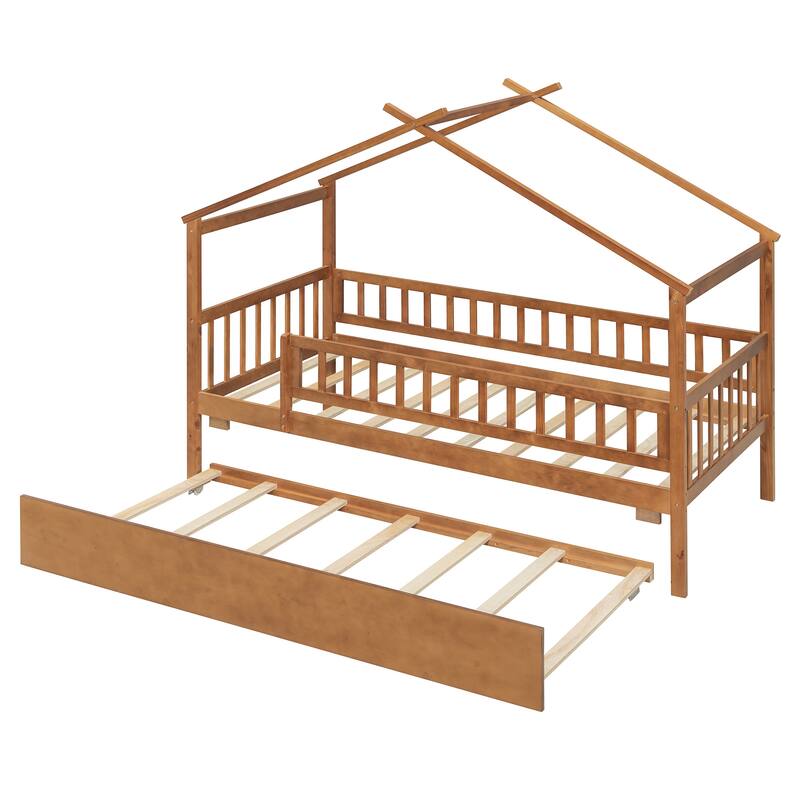 Twin Size Wooden House Bed with Twin Size Trundle