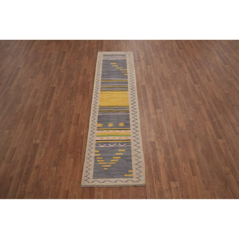 Hand Woven Oriental 100% Wool Carpet Southwestern Tribal Purples Kilim Runner Rug - 8' 0'' X 2' 1''