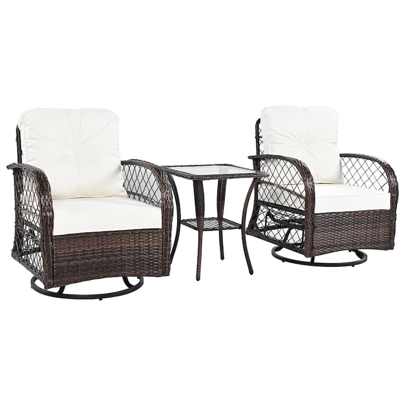 3-Piece Outdoor Chair Table Set Chat with Square Table & 2 Swiveling Chairs Set 2-person Rattan Seating Group for Garden Brown