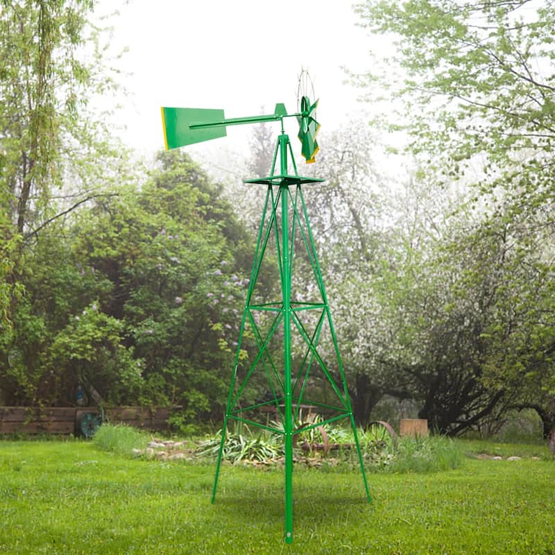 8FT Weather Resistant Yard Garden Windmill, Green