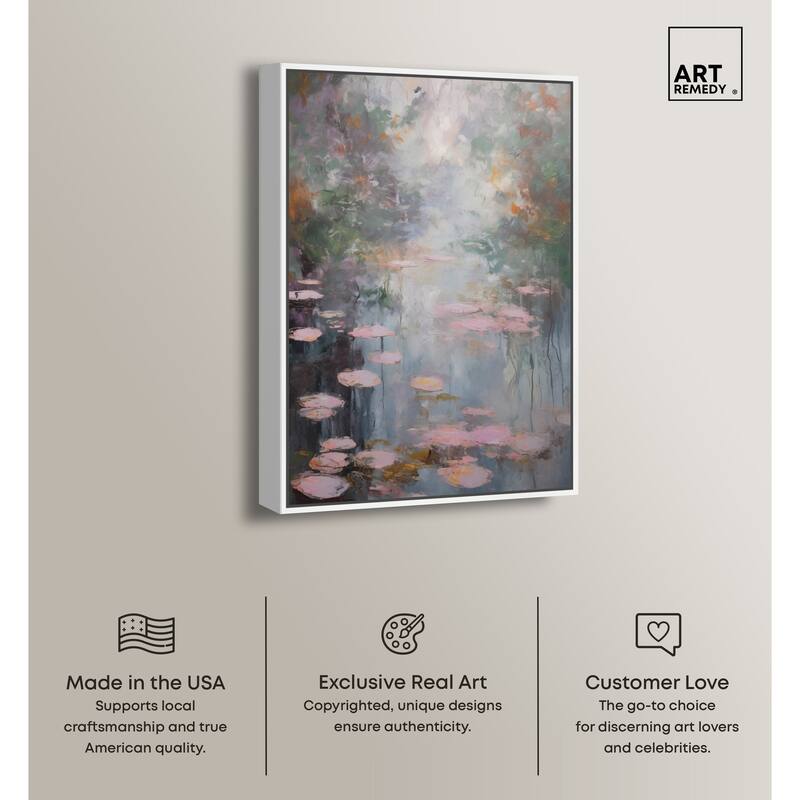 Art Remedy Pink Impressionisty Lilypads Framed Impressionism 1 Piece Canvas Wall Art /Monet And Van Gogh Inspired Art