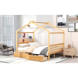 Full Platform Bed with Roof, Drawers & Solid Wood Slats - Fun for Kids