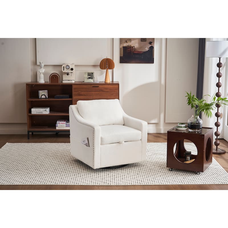 Teddy Upholstered Swivel Accent Chair, Single Sofa Chair with High Backrest, Lounge Armchair with Metal Base & Side Pocket